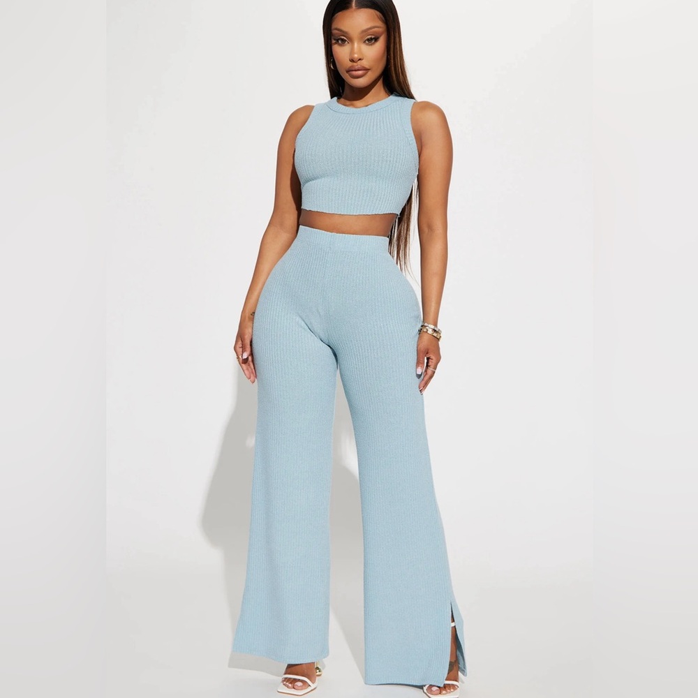 Two piece crop top high rise wide leg comfy stretch blue pant set sz M NWT